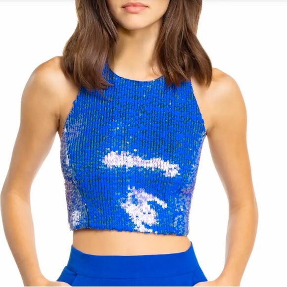DRESS THE POPULATION Ashton Sequin Halter Top Blue size SMALL - Picture 10 of 10